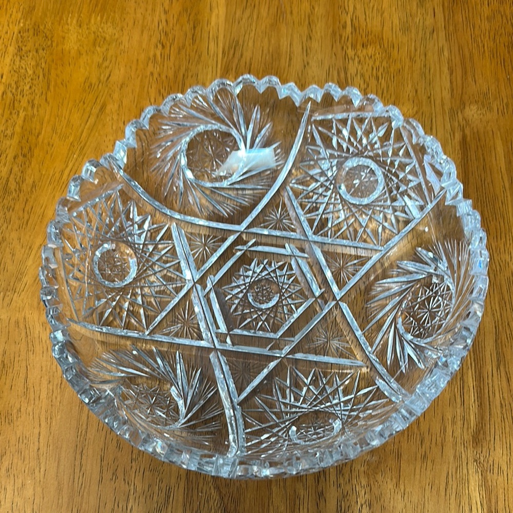 American Brilliant cut crystal serving dish with scalloped edges. Star pattern